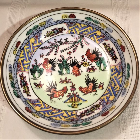 Red Rooster 6" Porcelain Bowl Encased in Brass - Picture 7 of 10